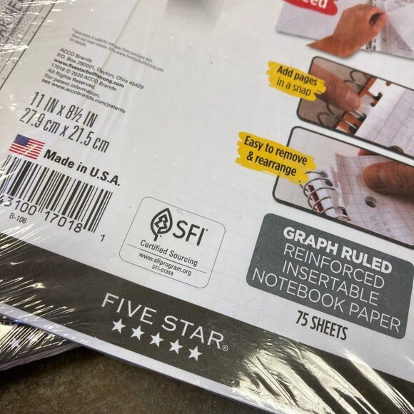 Five Star GRAPH RULED REINFORCED INSERTABLE NOTEBOOK PAPER 5 packs - Picture 3 of 5